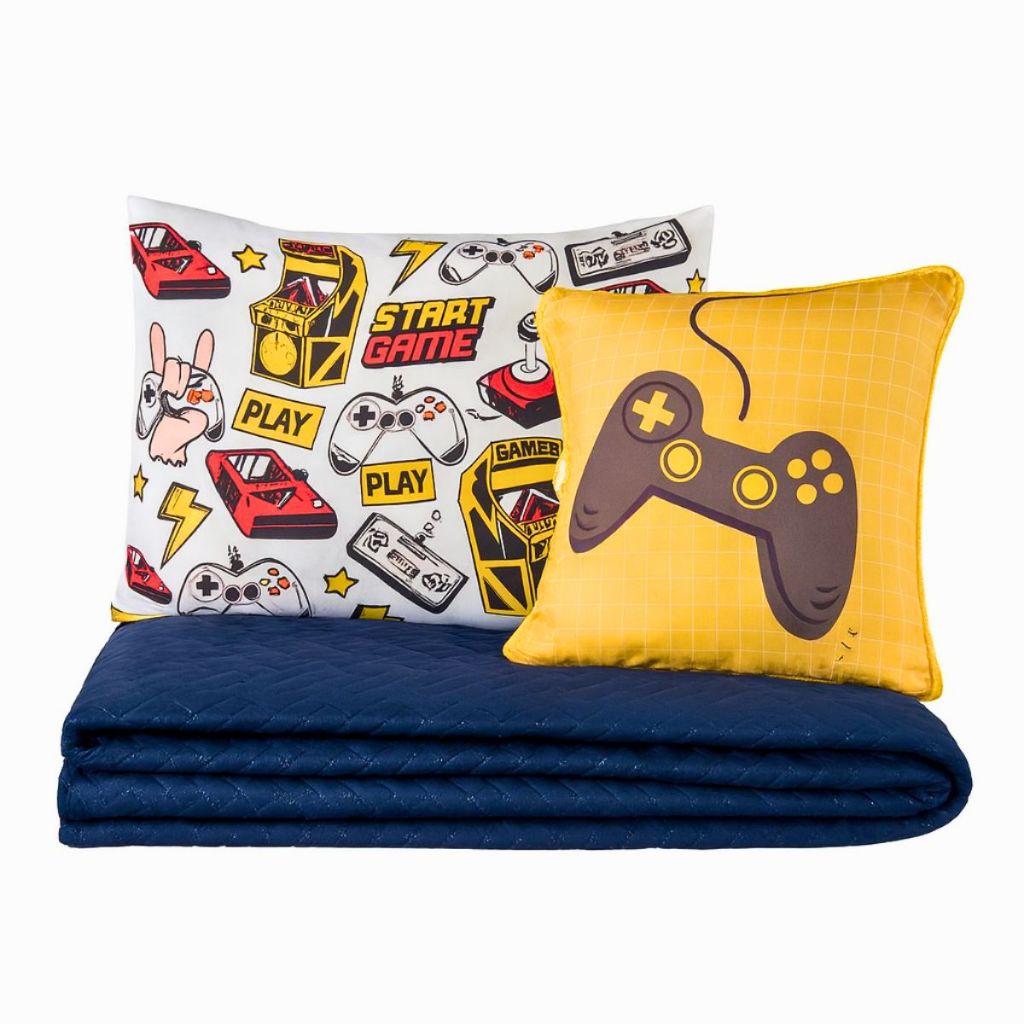 Colcha Cobre Leito Jogo Roupa Cama Coxa Edredom Solteiro 5 Pçs Fronha Matelado Quarto Menino Game