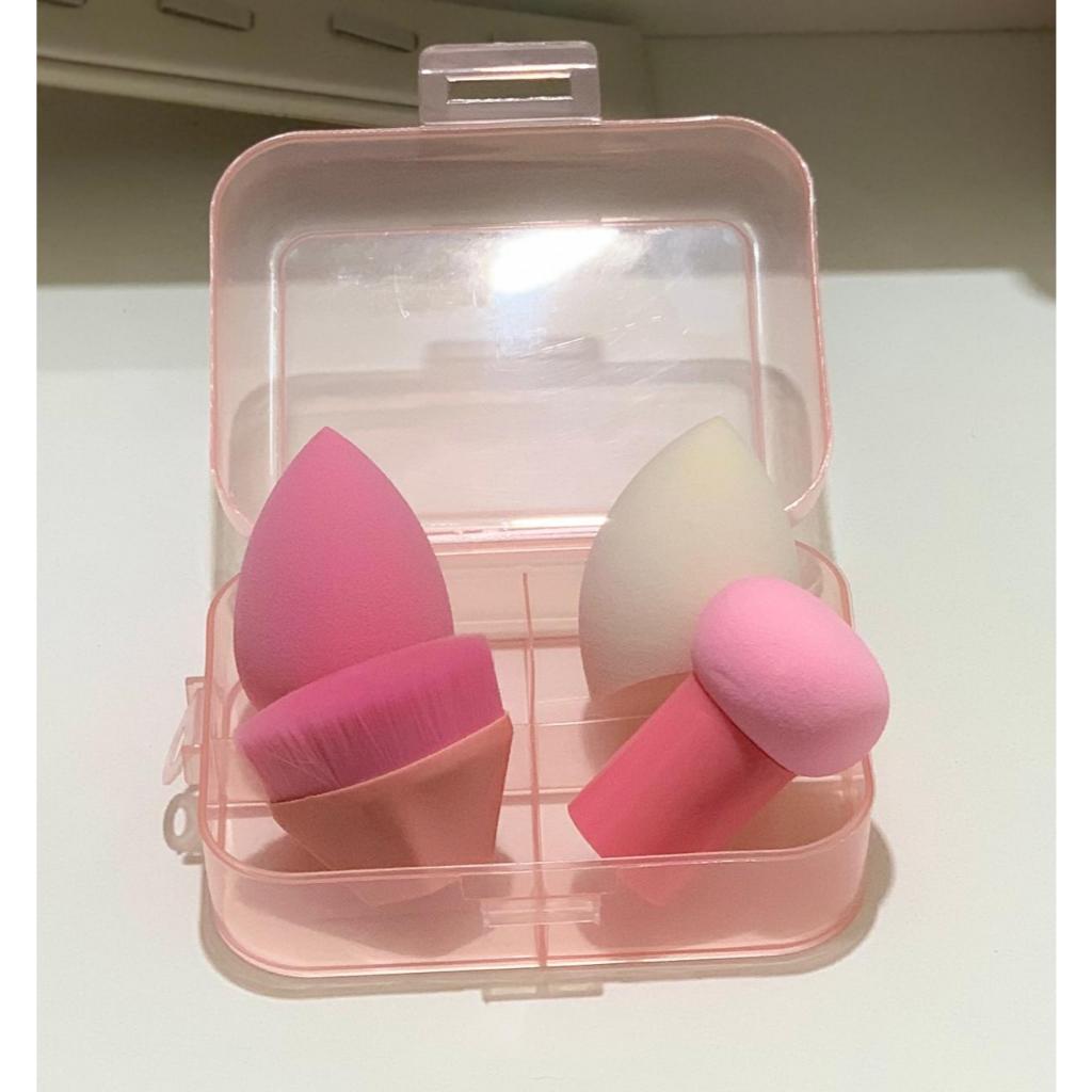 Kit esponjas para maquiagem com 2 Esponjas Gota + 1 Esponja Cogumelo + 1 Pincel Escovinha em Maleta Plástica Resistente