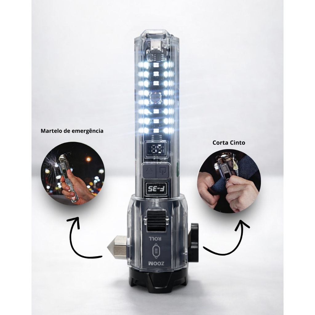Lanterna Tática LED 30W Recarregável Tipo-C Zoom Alarme Imã Vidro Emergência Camping