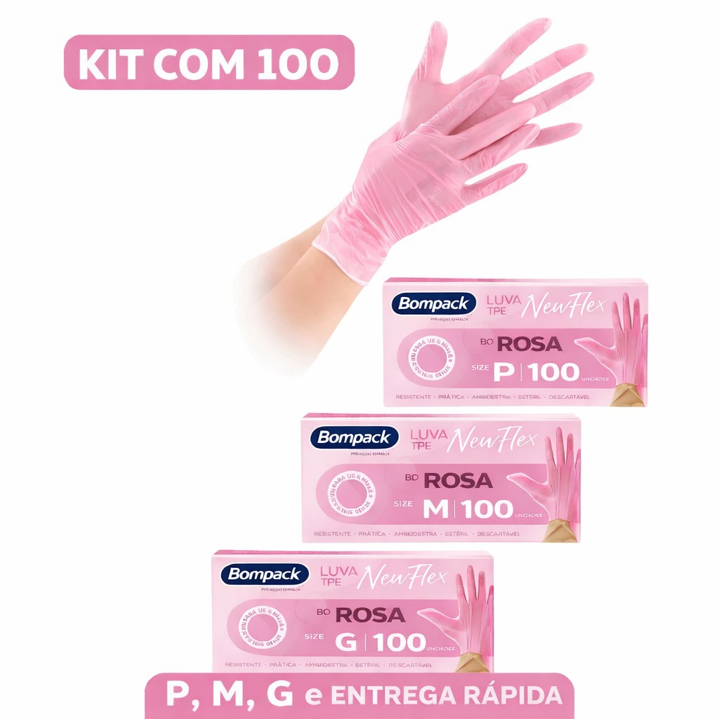 Luva Rosa Sem Pó Newflex Bompack TPE 100 Unidades | Alta Resistência Cuidado Limpeza Alimentos em Oferta na Shopee