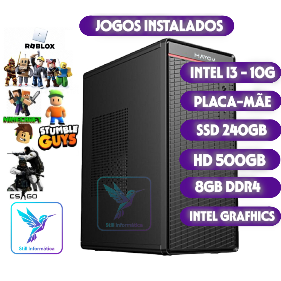 PC Gamer 10ª Geração | SSD 240GB | 8GB RAM | Gabinete Preto | Jogos Instalados Pronto para Jogar! Computador