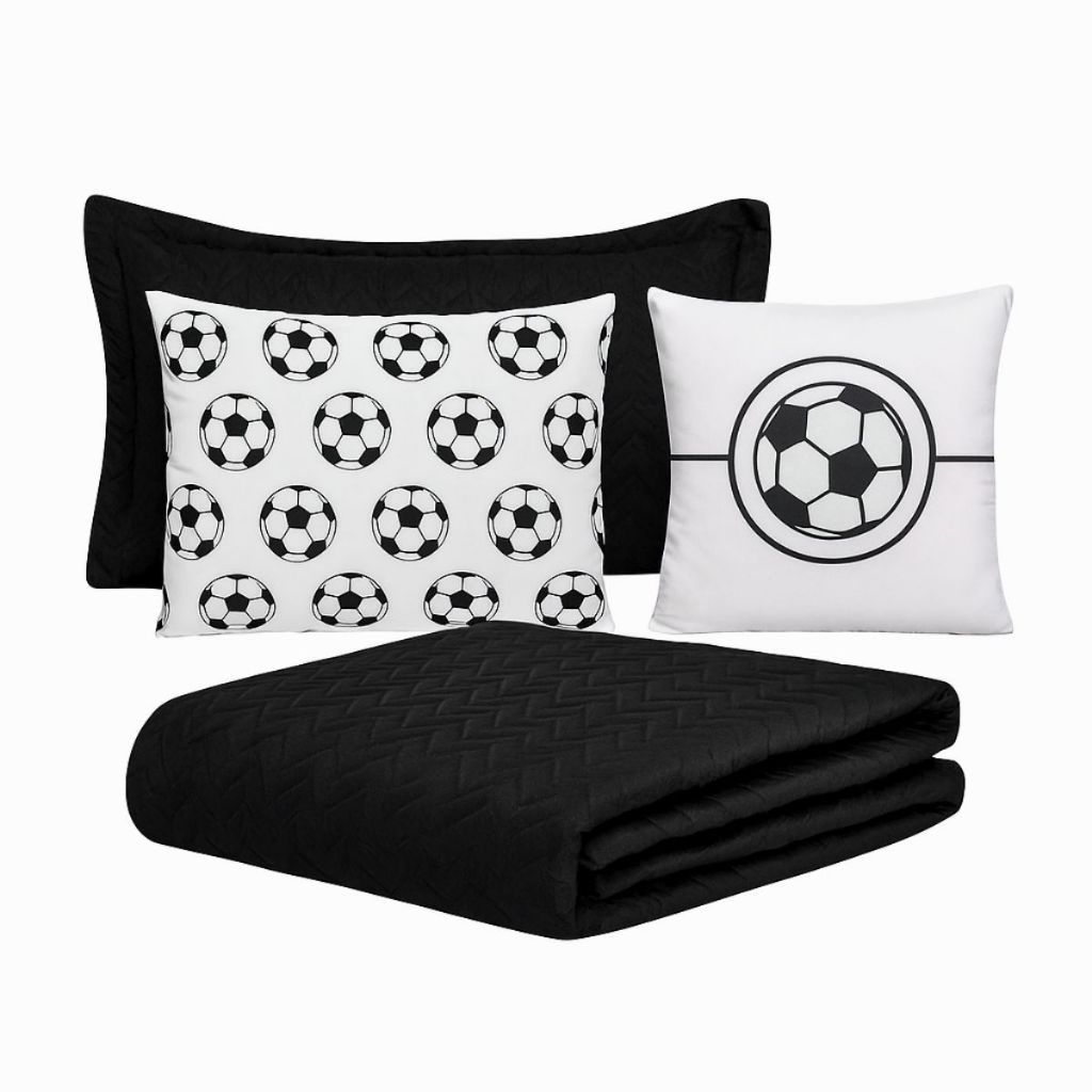 Kit Cobre Leito Roupa Cama Solteiro 5 Pçs Matelado Infantil Campo Futebol Preto Colcha Coxa Simples
