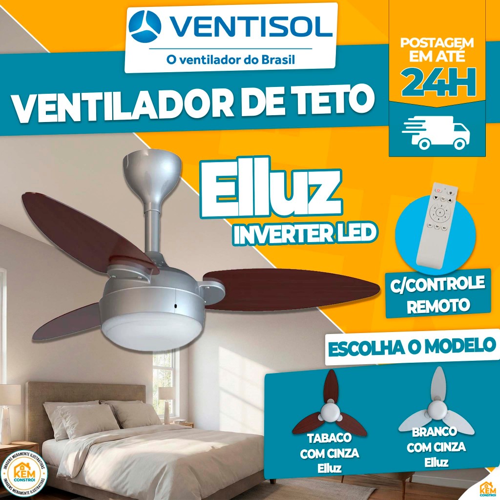 Ventilador de Teto Ellus Inverter Branco E Cinza/Tabaco e Cinza Com Controle Bivolt Ventisol