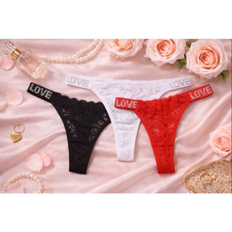 Kit Calcinhas Renda ou Lisa Fio Dental Love Strass Inspiração Grife Toque Macio Cores Variadas em Oferta na Shopee