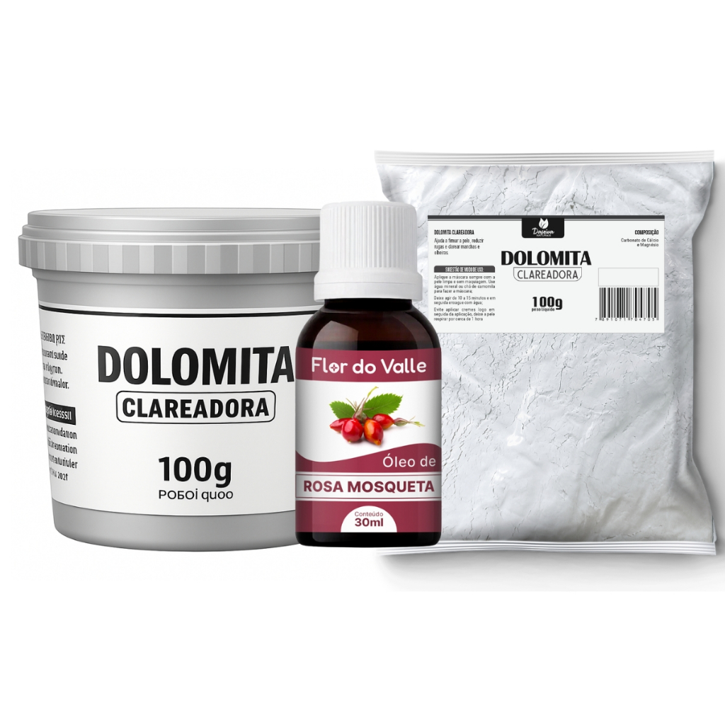 Dolomita Clareadora 100g POTE Dolomita Clareadora 100g SACO e Óleo de Rosa Mosqueta Rubiginosa 30ml Dolomita Clareadora 100g POTE Dolomita Clareadora 100g SACO e Óleo de Rosa Mosqueta Rubiginosa 30ml