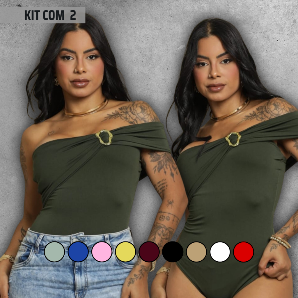 Kit 2 Body Faixa Ombro Só Com Fivela Dourada Collant Feminino Verão Nula Manga Mula Manca Assimétrica Bori Forrado