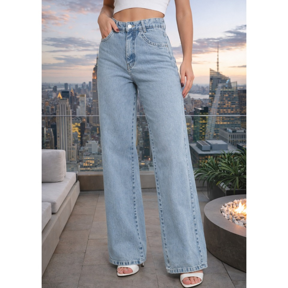 Calça Jeans Feminina Wide Leg Tecido 100% Jeans Tecido Grosso Promoção