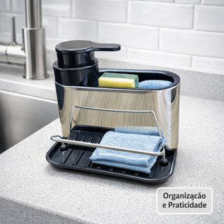 Organizador de Pia com Dispenser Aço Inox Porta Detergente e Esponja Bancada Cozinha Lavanderia