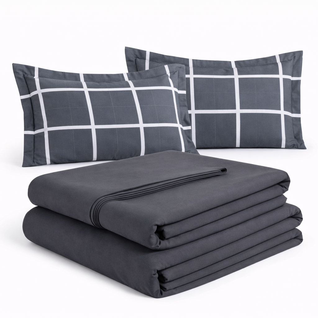 Jogo Lençol Roupa Cama Queen 5 Pçs Fronha Basico Elastico Linha Listra Pratico Cinza Luxo Toque Seda