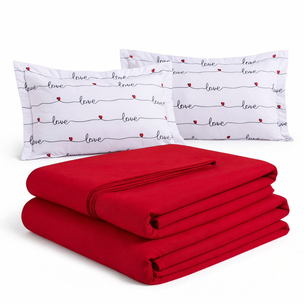 Jogo Lençol Roupa Cama Casal Queen 5 Pçs Fronha Elastico 200 Fios Decoração Love Vermelho Coração