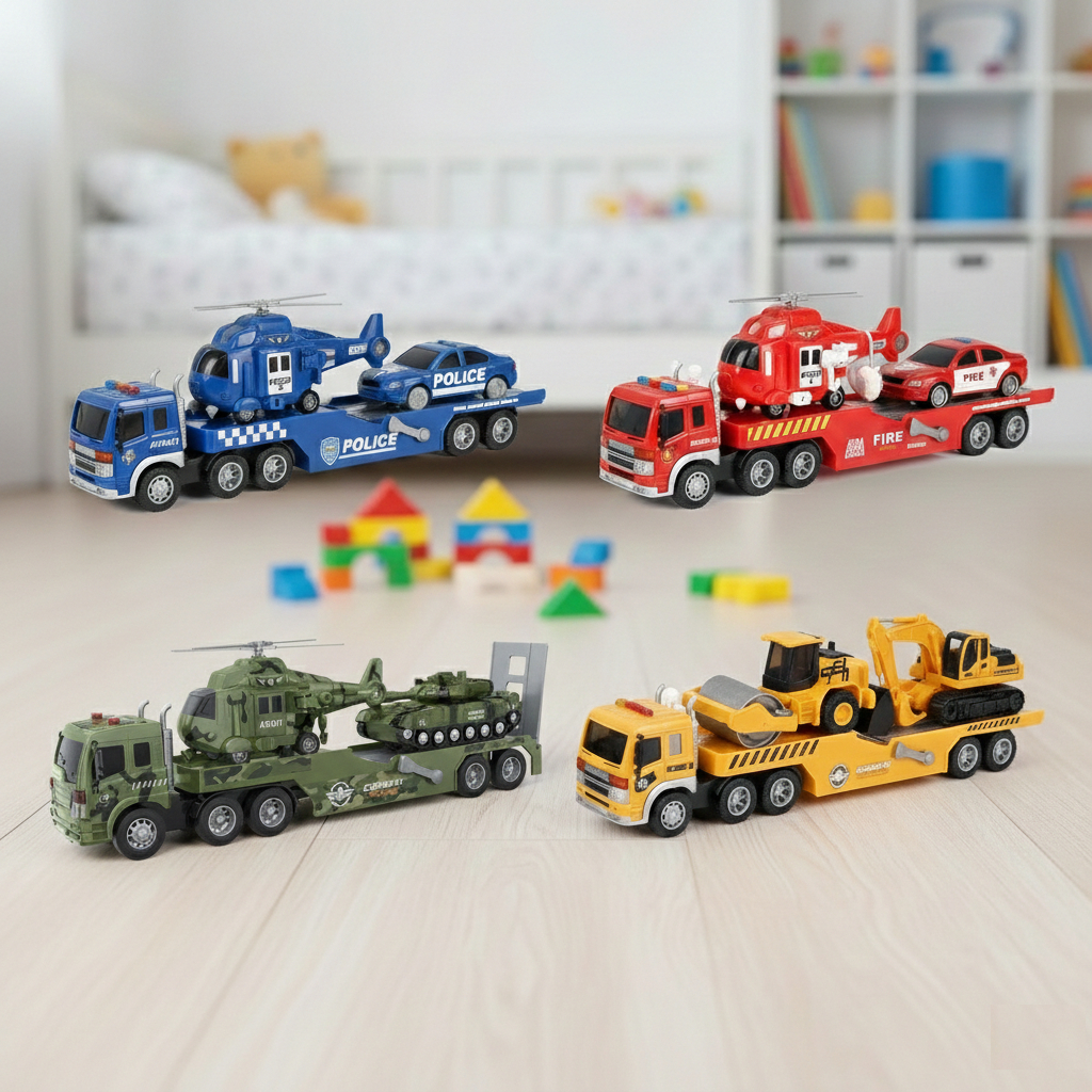 Caminhão Cegonha Transport Truck 1:16 com 2 Carrinhos – Policial, Bombeiro, Militar e Cons...