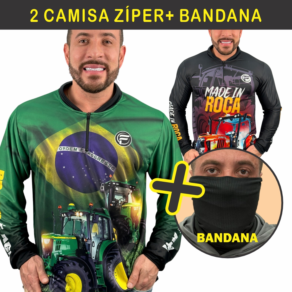 KIT 2 Camisa Agro Zíper + Bandana Camiseta Proteção Uv50+ Masculina Brasil Manga Longa Blusa em Oferta na Shopee