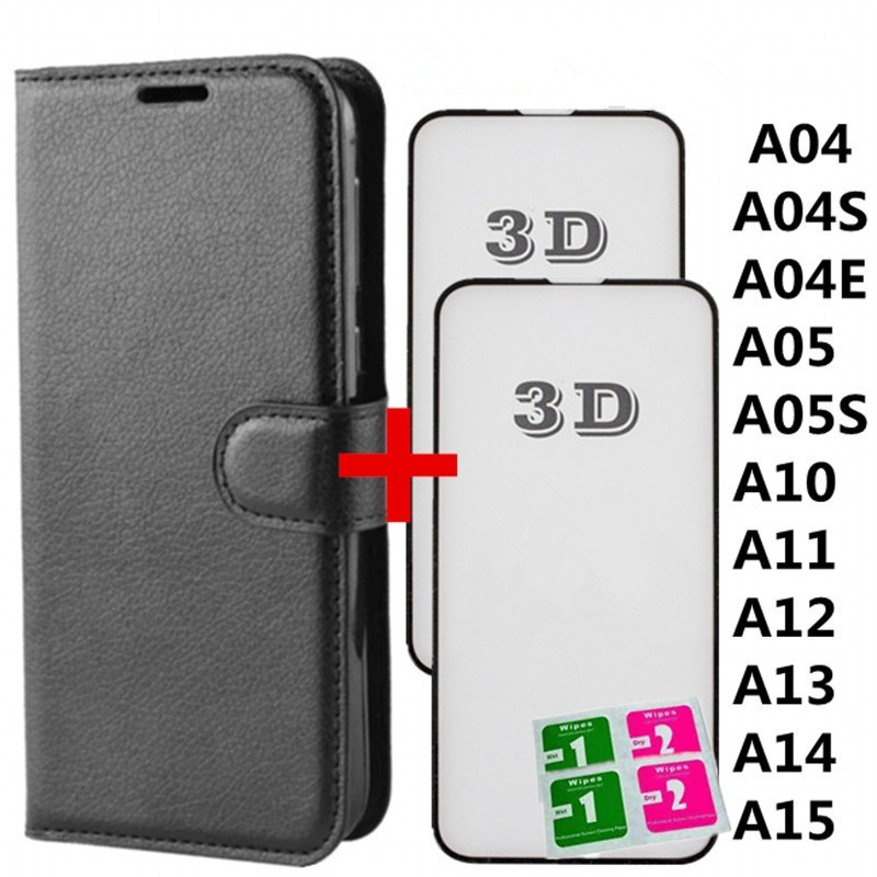 KIT Capa Capinha Carteira Flip + 2 Película de vidro 3D Para Samsung Galaxy A04/A04S/A04E/A05/A05S/A11/A12/A13/A14/A15