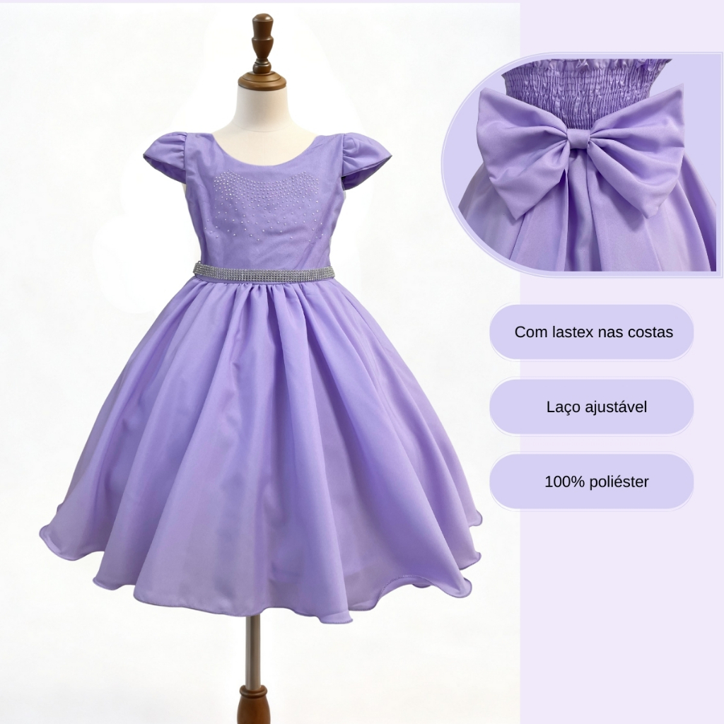 Vestido Curto Juvenil Com Luva e Cinto de Strass Estilo Princesa Rapunzel Ou Sofia Festa — imagem 2 de 2