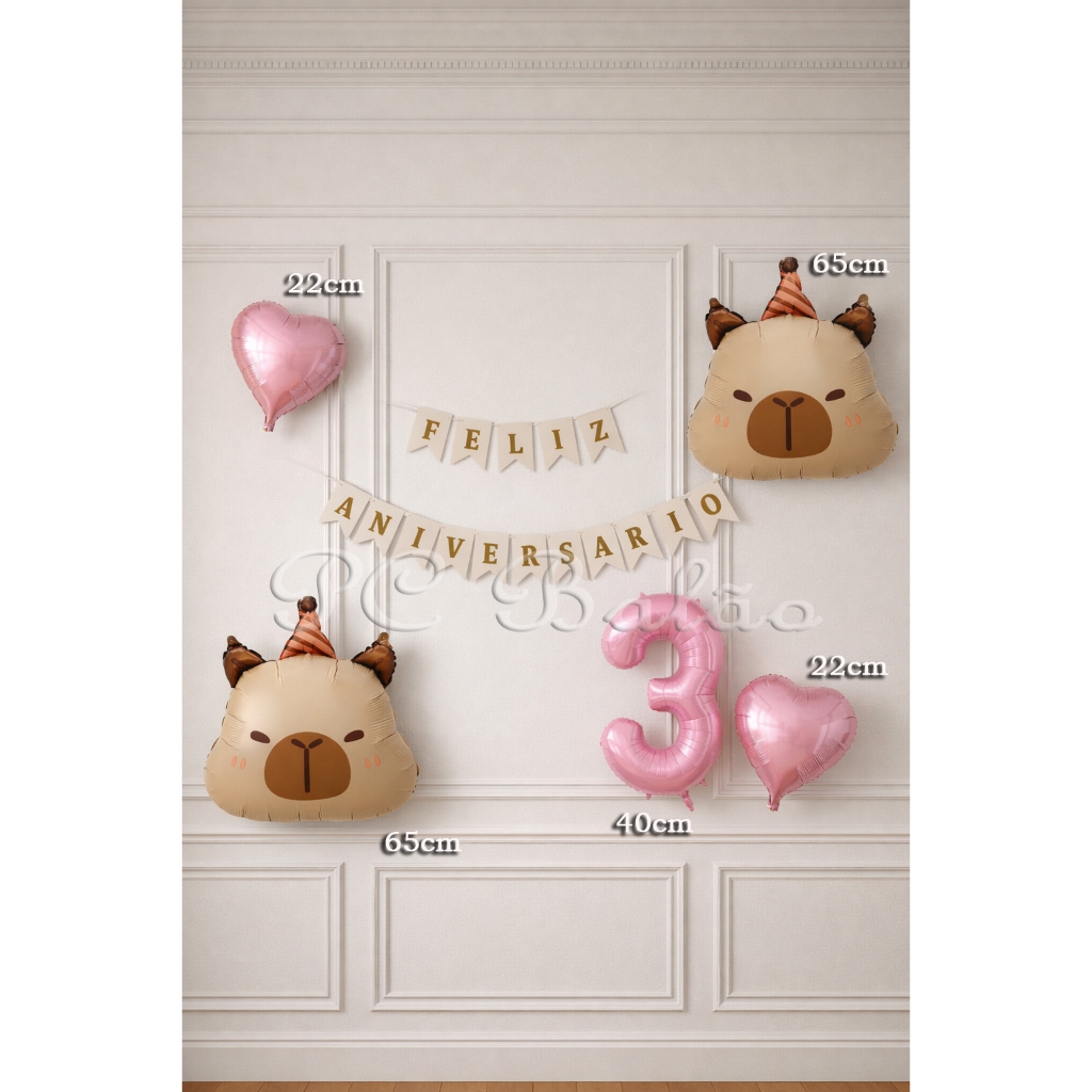 Kit 6: 1 FAIXA BRANCA 2 CAPIVARA GRANDE Balão Metalizado 2 CORAÇÃO 22CM + N° 40CM ROSA CLARO em Oferta na Shopee