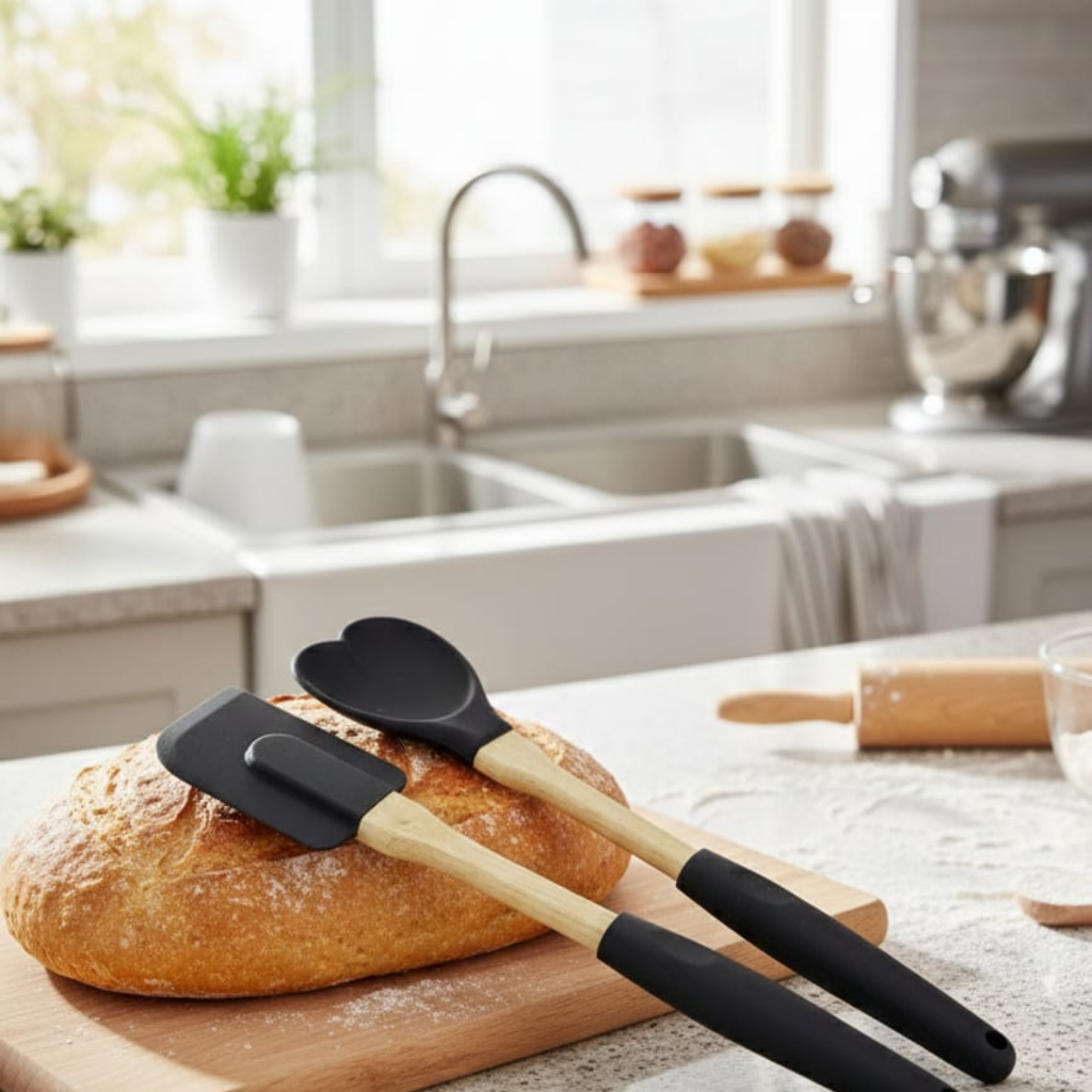 Jogo 2 peças de Utensílios Antiaderentes Cabo Madeira e Silicone Premium – Black