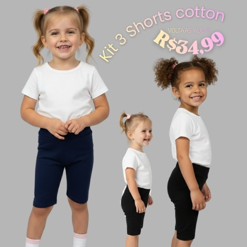 KIT COM 3 SHORTS CICLISTA COTTON ALGODÃO LISO INFANTIL FEMININO IDEAL PARA UNIFORME ESCOLAR 04 AO 14