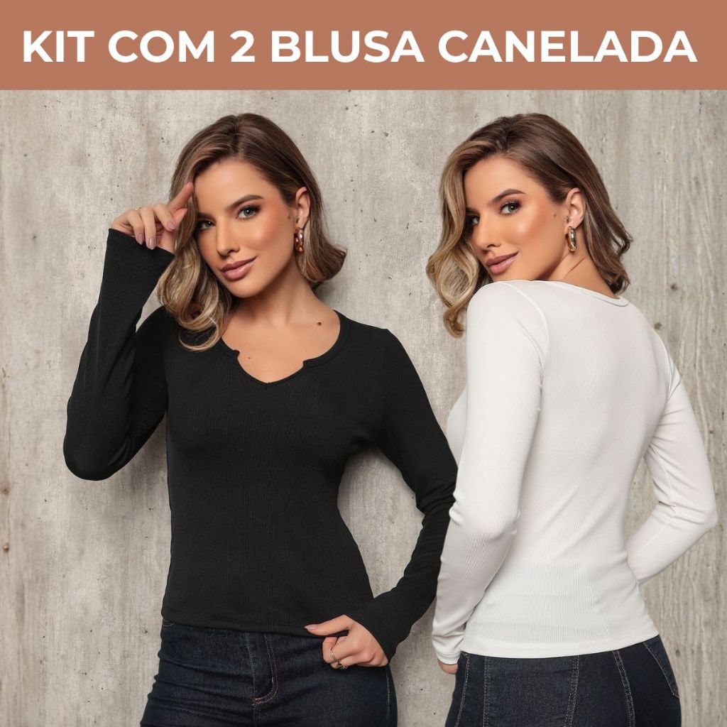 Kit 2 Blusa Feminina Malha Canelada Manga Longa Inverno Blusinha Feminina Casual Gola V Blusa Casual Elegante
