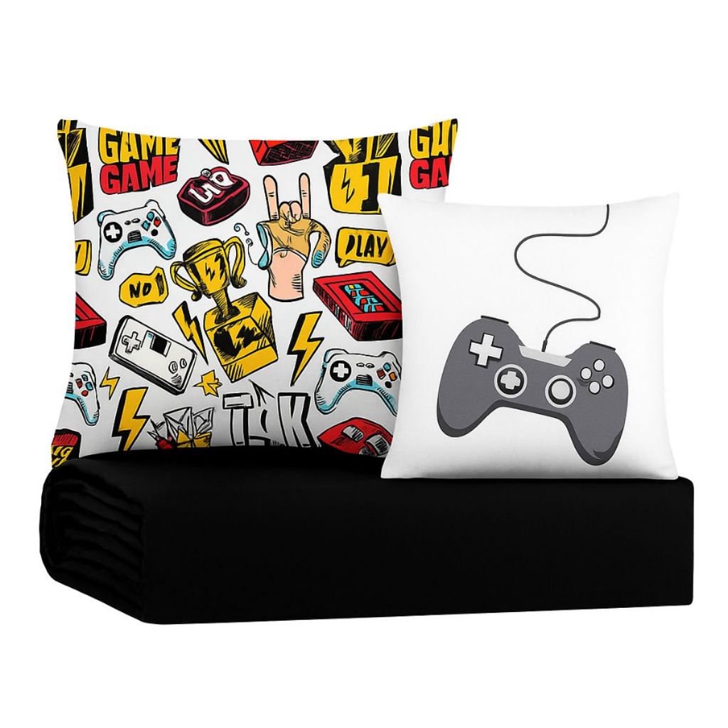 Colcha Cobre Leito Jogo Roupa Cama Edredom Solteiro 5 Pçs Fronha Matelado Quarto Menino Game Preto