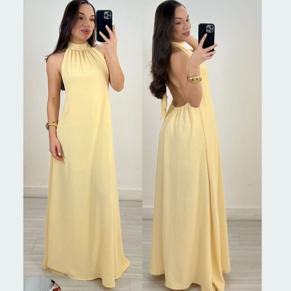 Vestido Feminino Longo Gola Alta Costa Nua Frente Única Festa Formatura Casamento Madrinha Praia Verão Inverno