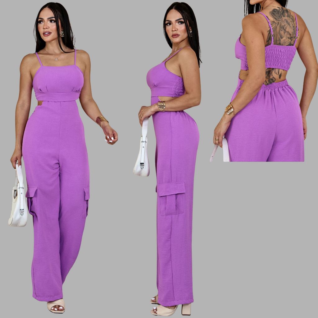 Macacão Pantalona Duna Cargo Elegância e Estilo com Recortes nas Cintura em Oferta na Shopee