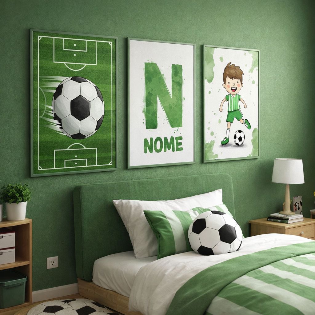 Quadros 3 Peças Decorativos Futebol Personalizado Com Nome Menino Infantil Grande Quarto Campo