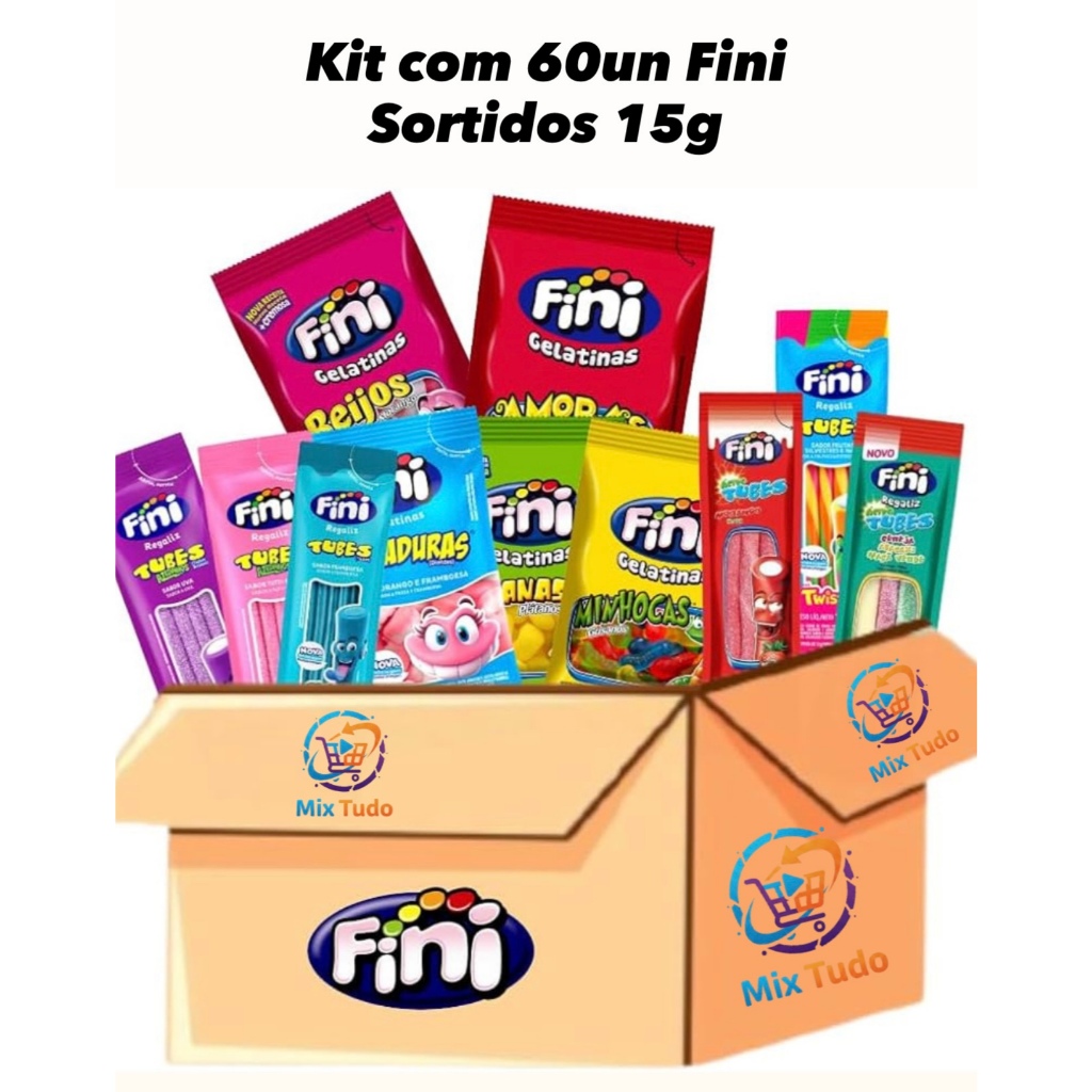 Kit 60un Balas Fini Sabores Sortidos 15g Balas de Gelatina Tubes Azedinhas