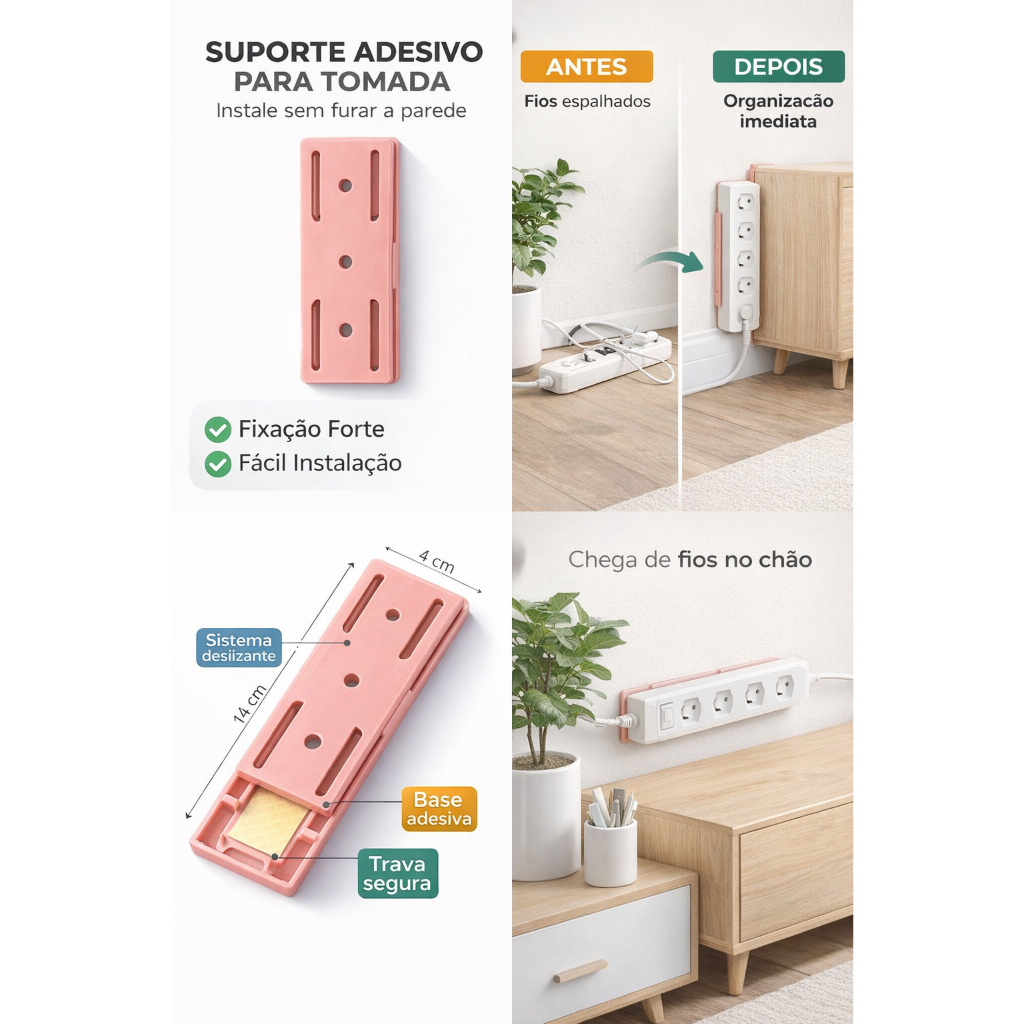 Suporte Adesivo para Tomada, Filtro de Linha, Controles e Demais Fixação Forte Sem Furos Pareded