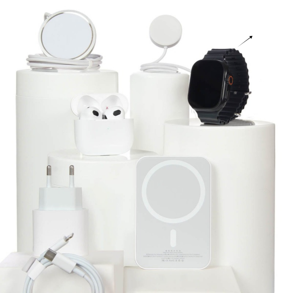 Kit iPhone 6 em 1 Power Bank MagSafe 5000mAh, Smartwatch Ultra 2  Carregador por Indução  Fone Bluetooth 5.2 Cabo Tipo C
