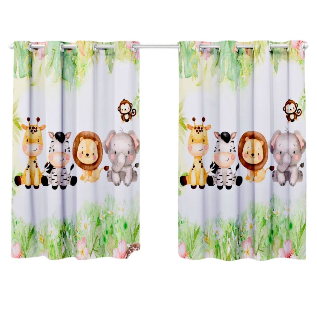 Cortina Quarto Infantil Criança Bebe Menino Menina 2,00x1,40 Safari Savana Verde Bichinhos Berço
