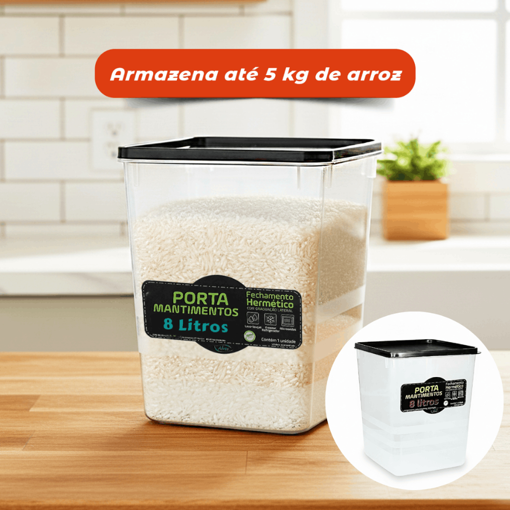 Pote Hermético 8 Litros para 5 Kilos de Arroz Mantimentos Cozinha Dispensa 100% Vedação Resistente 1 Peça em Oferta na Shopee