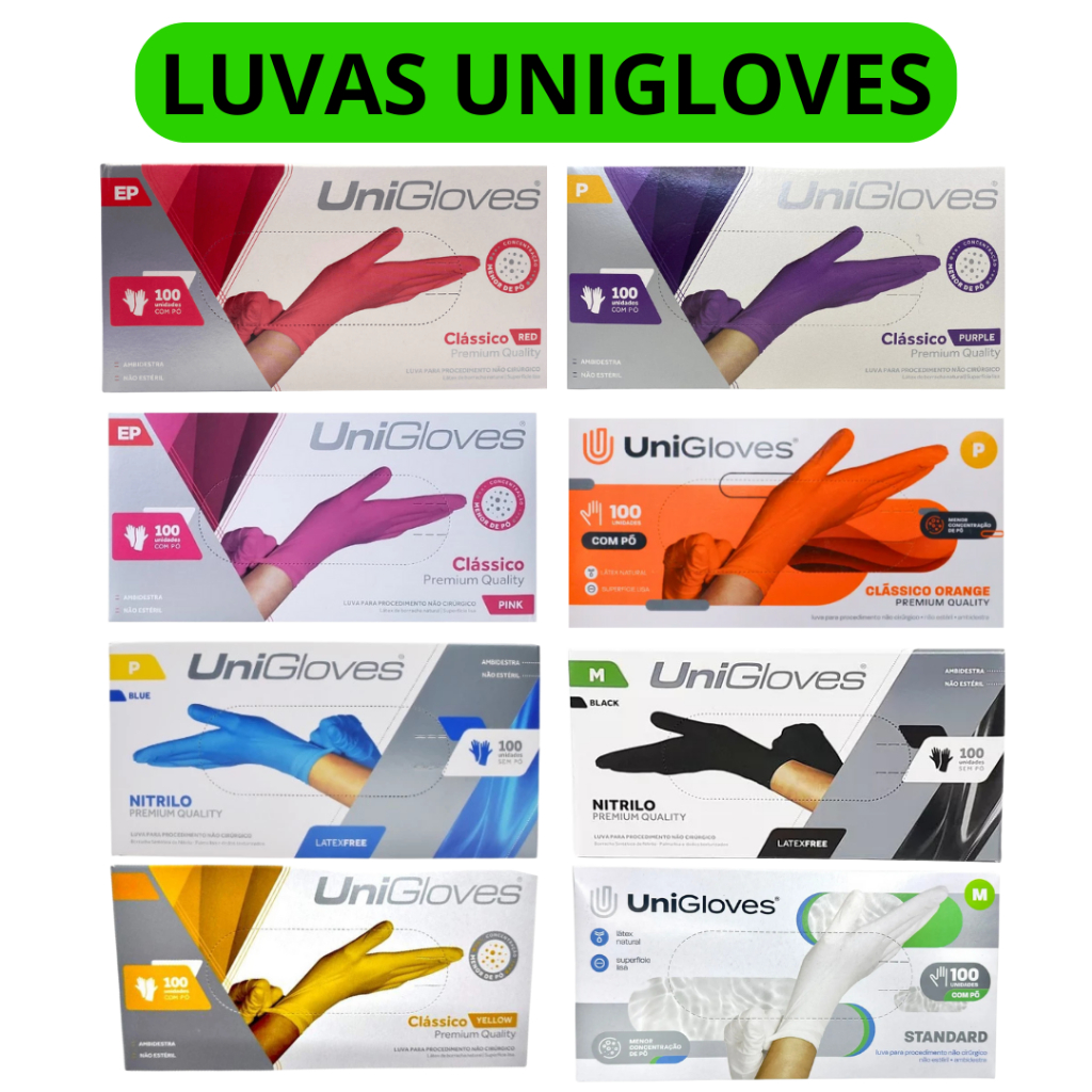 Luvas Unigloves Rosa/Roxa/Vermelha/Laranja/Azul/Preta- Látex e Nitrílica 100un - Unigloves em Oferta na Shopee
