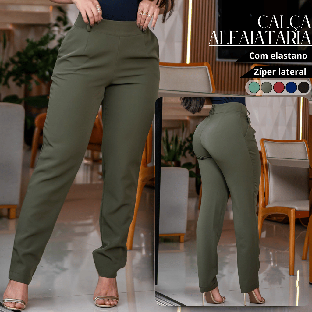 Calça Alfaiataria Feminina Com Bolso Cintura Alta Social Confortável