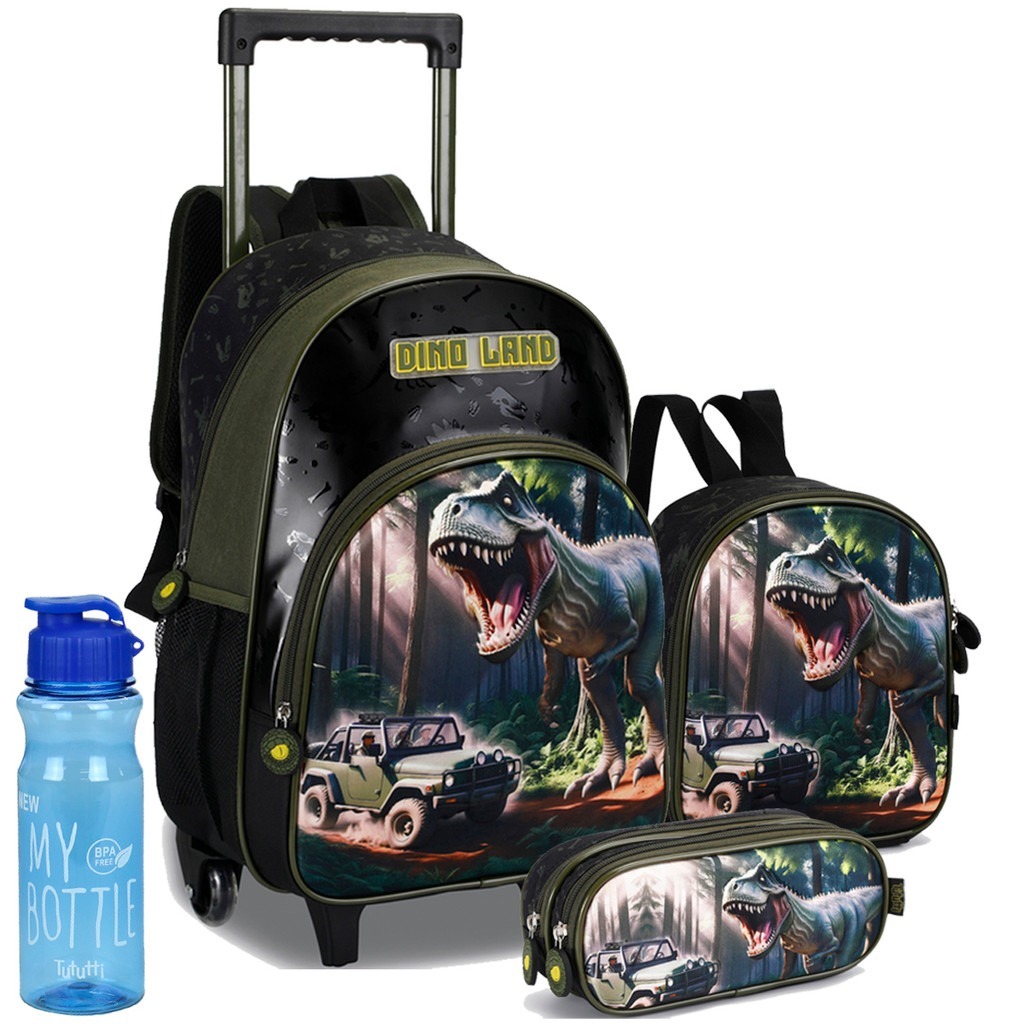 Mochila infantil menino - kit Dinossauro - Mochila com rodinha - estojo - lancheira e garrafinha