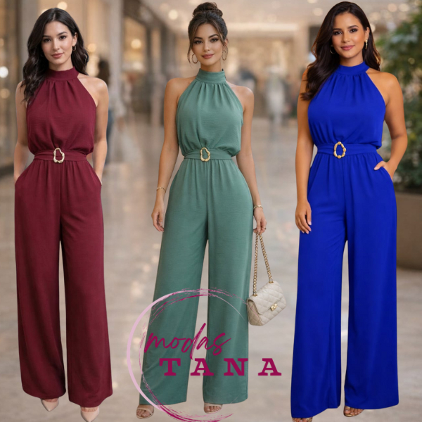 Macacão Feminino Longo Pantalona com Gola Halter e Cinto Dourado – Elegante para Festa e Eventos