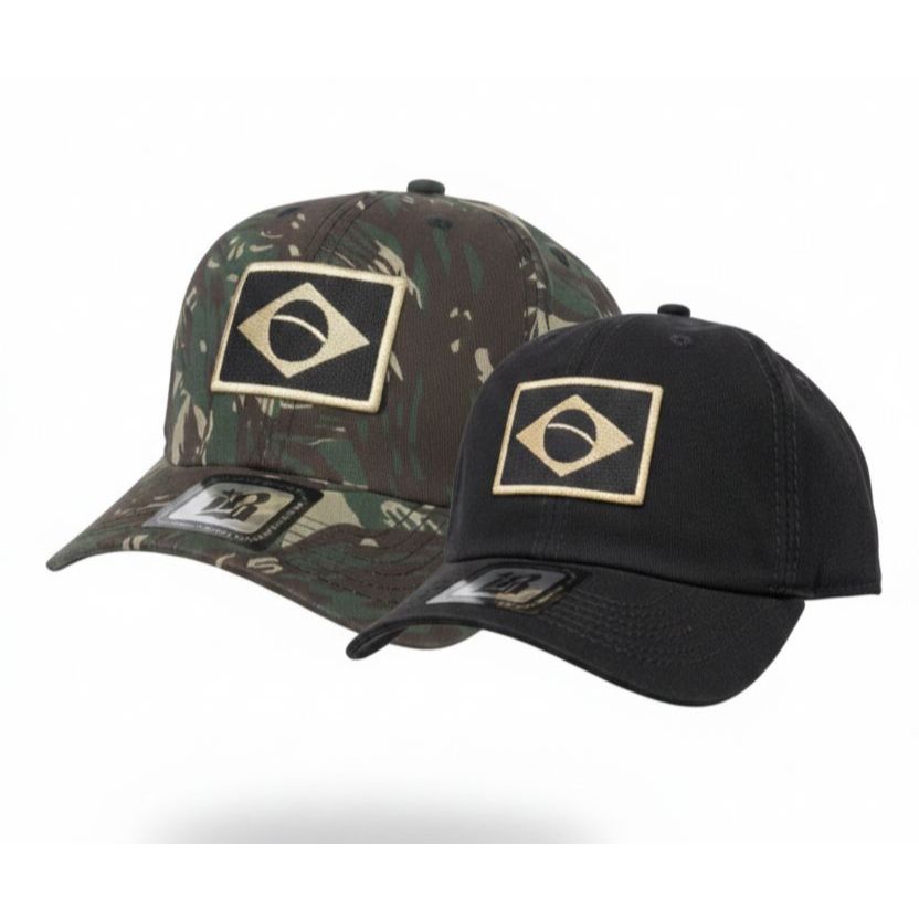 Kit 2 Bonés Tático Militar Brasil Bordado Premium Aba Curva Unissex - Ajustável Strapback Luxo (Preto, Camuflado, Grafit