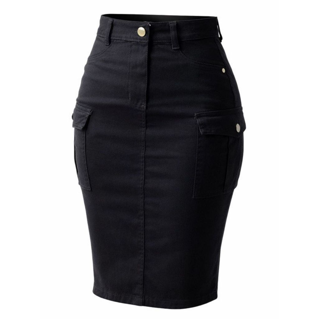 Saia Cargo Jeans Feminina  Mídi Cintura Alta  Bolso Cargo Lateral