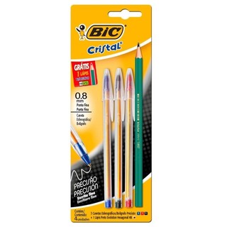 Kit Escolar Bic Precisão, 3 Canetas Esferográfica Cristal Precisão + Lápis Preto Evolution