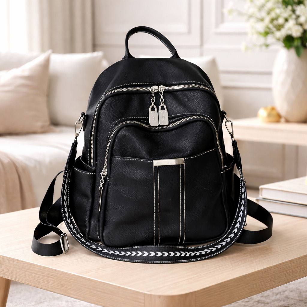 Bolsa Mochila Couro Sintético PU Costas Ombro Trabalho Casual Reforçada Média Estilosa Moderna Bolsos