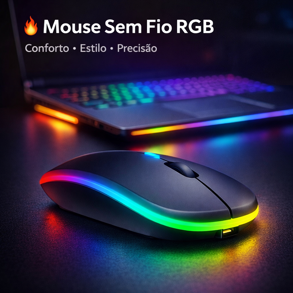 Mouse Sem Fio Wireless RGB Gamer Recarregavel Silencioso Alta Precisao Design Ergonomico Pro
