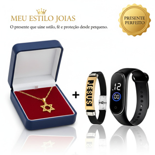 Kit Corrente Luxo Infantil Menino Colar Ouro 3mm + Pulseira Jesus + Relógio Digital + Pingente Estrela de Davi em Oferta na Shopee