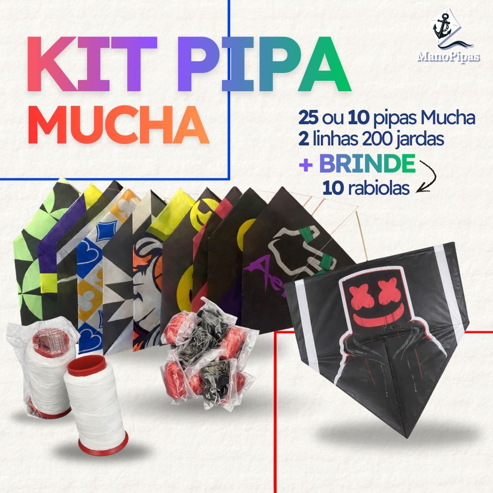 Kit pacote Pipa Mucha 50cm  Pct 07 ou 10 unds + Brinde Chaveiro Pipa 10 Rabiolas  Linha 100jds nylon