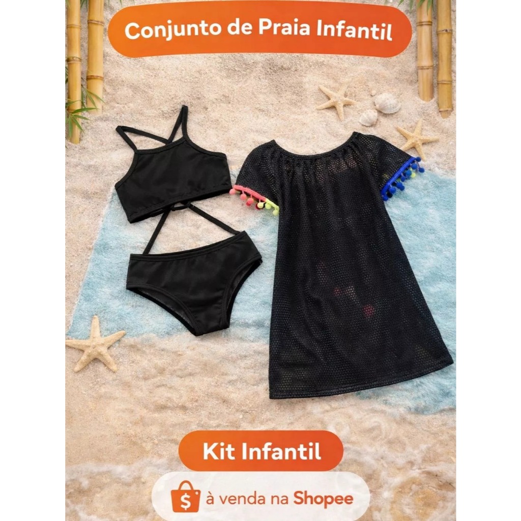 Kit Praia Infantil– Biquíni Preto + Saída de Praia em Tela| conjunto praia infantil| saida de banho| Biquini infantil