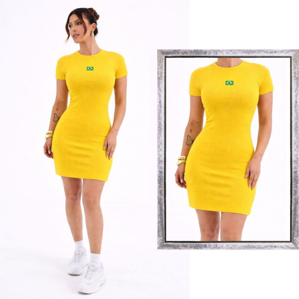 Vestido do Brasil Feminino Tubinho Manga Emblema Bordado em Oferta na Shopee