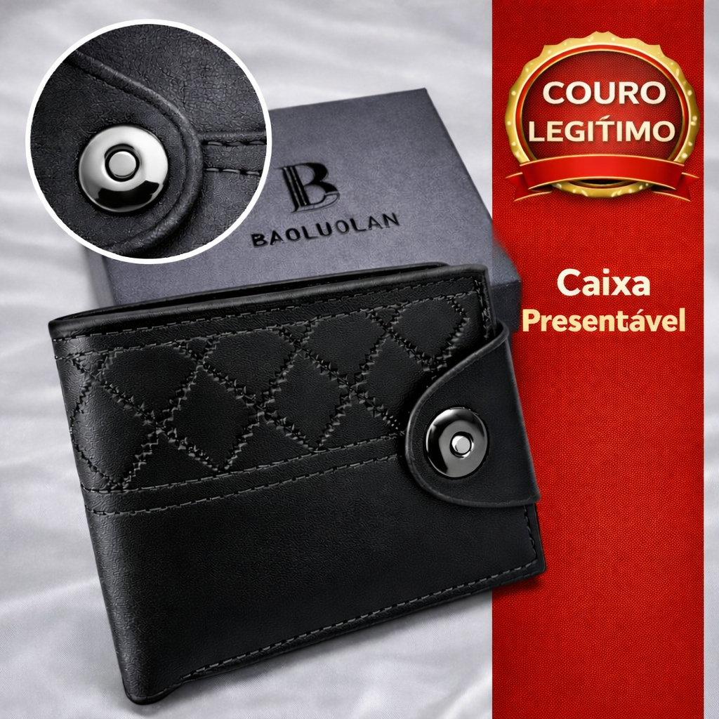 Carteira Masculina Slim de Couro Legitimo Grande • Super Elegante e Moderna Preto