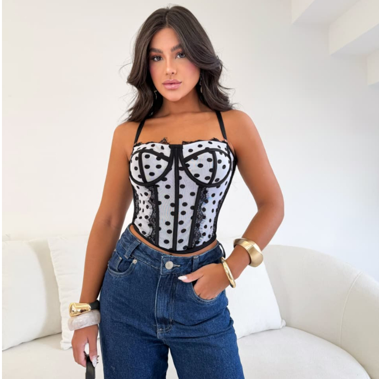 Cropped Feminino Corset Renda Poa Estampado  Corselet Alça Regulagem Sexy Corpete Blusa Top
