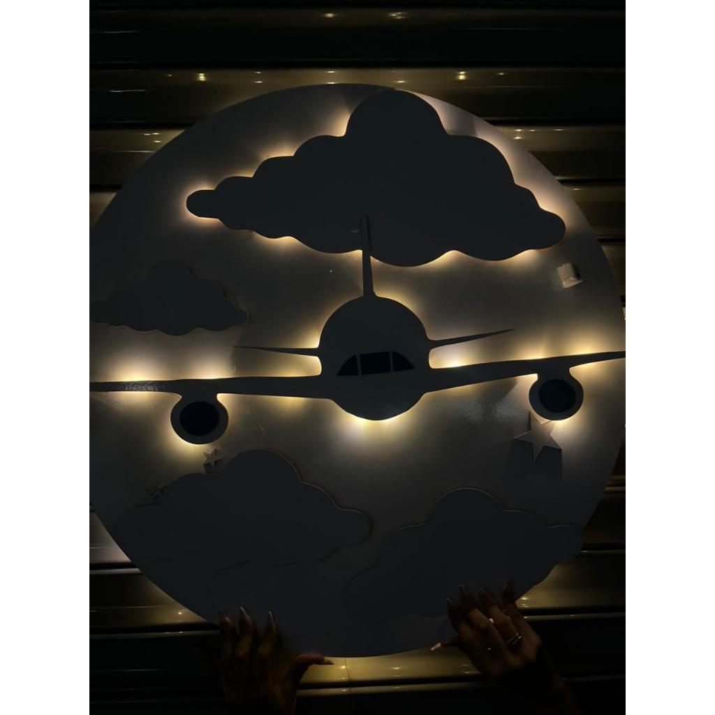 Kit Painel Luminaria Led 5 Pecas Aviao Nuvem MDF Branco Quente 70cm Diâmetro