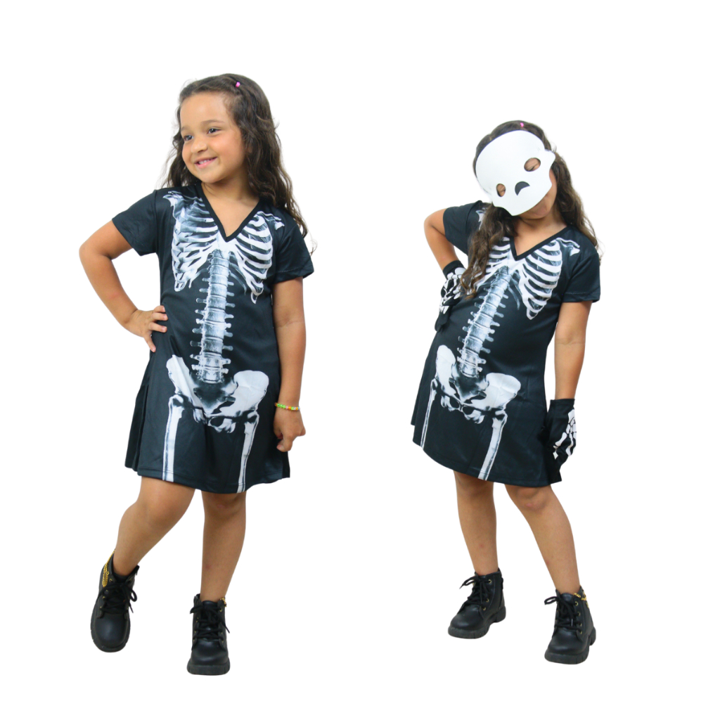 Vestido infantil Caveira Halloween e Carnaval Com Máscara e Envio Imediato.