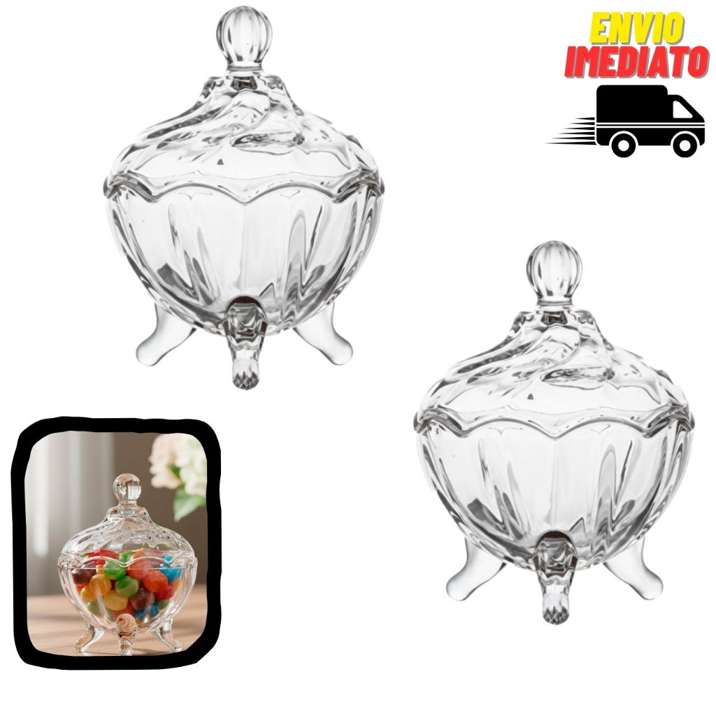 Kit 2 Bomboniere Baleiro de Vidro com Tampa e Pé Veneza 158ml (Porta Bala, Doce,  Chocolate,  Amendoim)