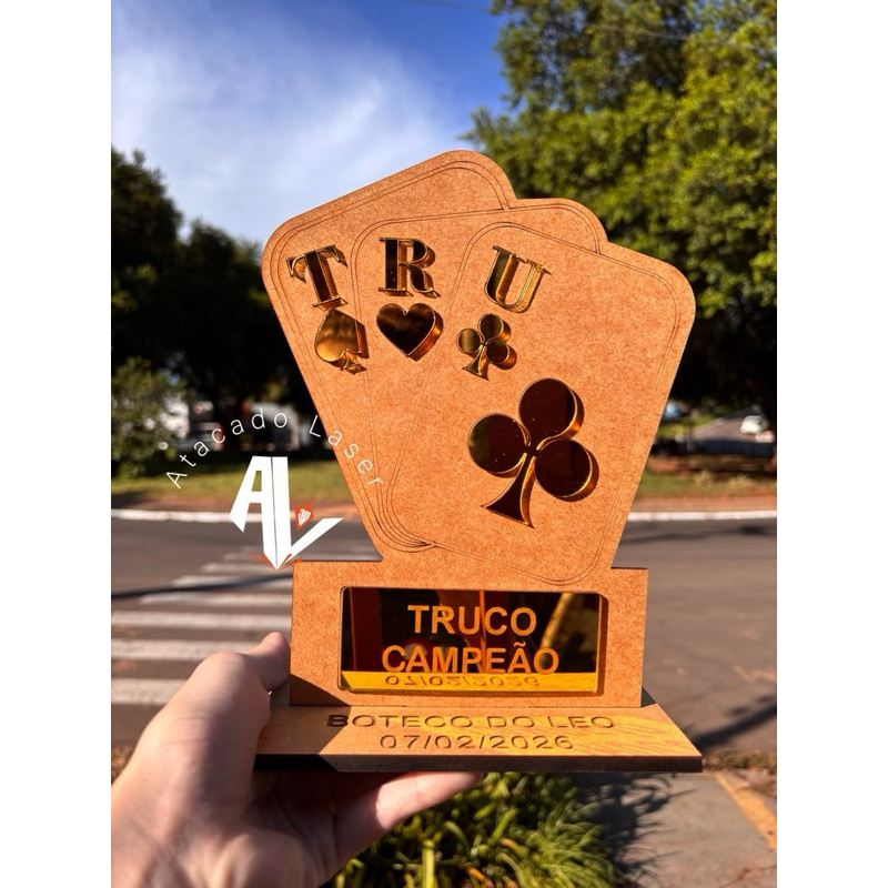 Kit Troféu Personalizado truco baralho - MDF com Acrilico espelhado premiacao